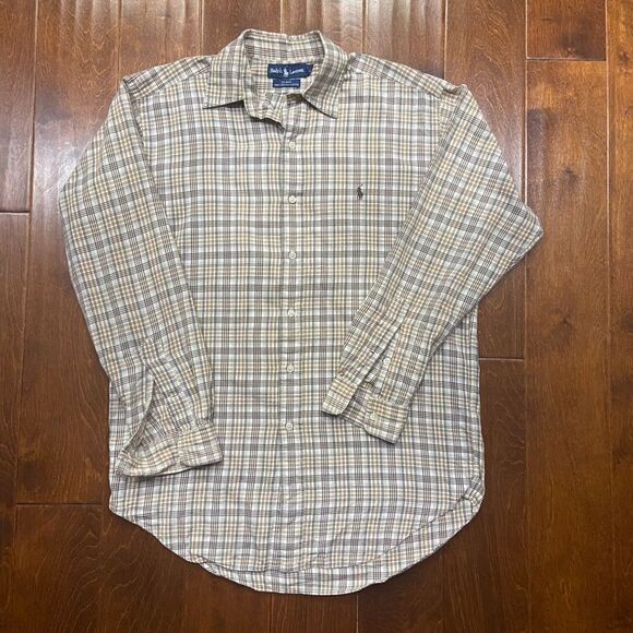 Polo Ralph Lauren Vtg Blake Button Front Cream Tan Plaid Shirt Men's Size Small - Picture 3 of 9